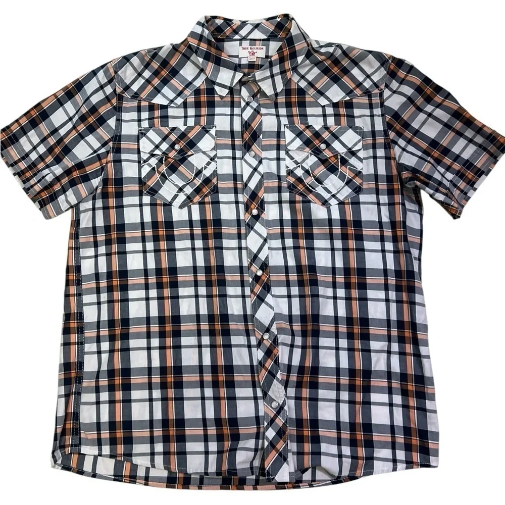 True Religion Shirt Mens 2XL Brown White Plaid Button Western Pearl Snap Casual